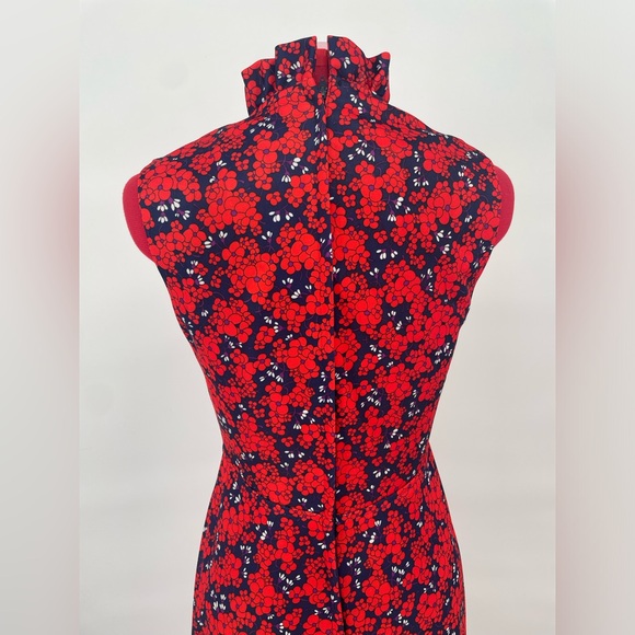 Vintage 60s Red White & Navy Floral Mod Maxi Dress With Ruffles - Picture 7 of 11